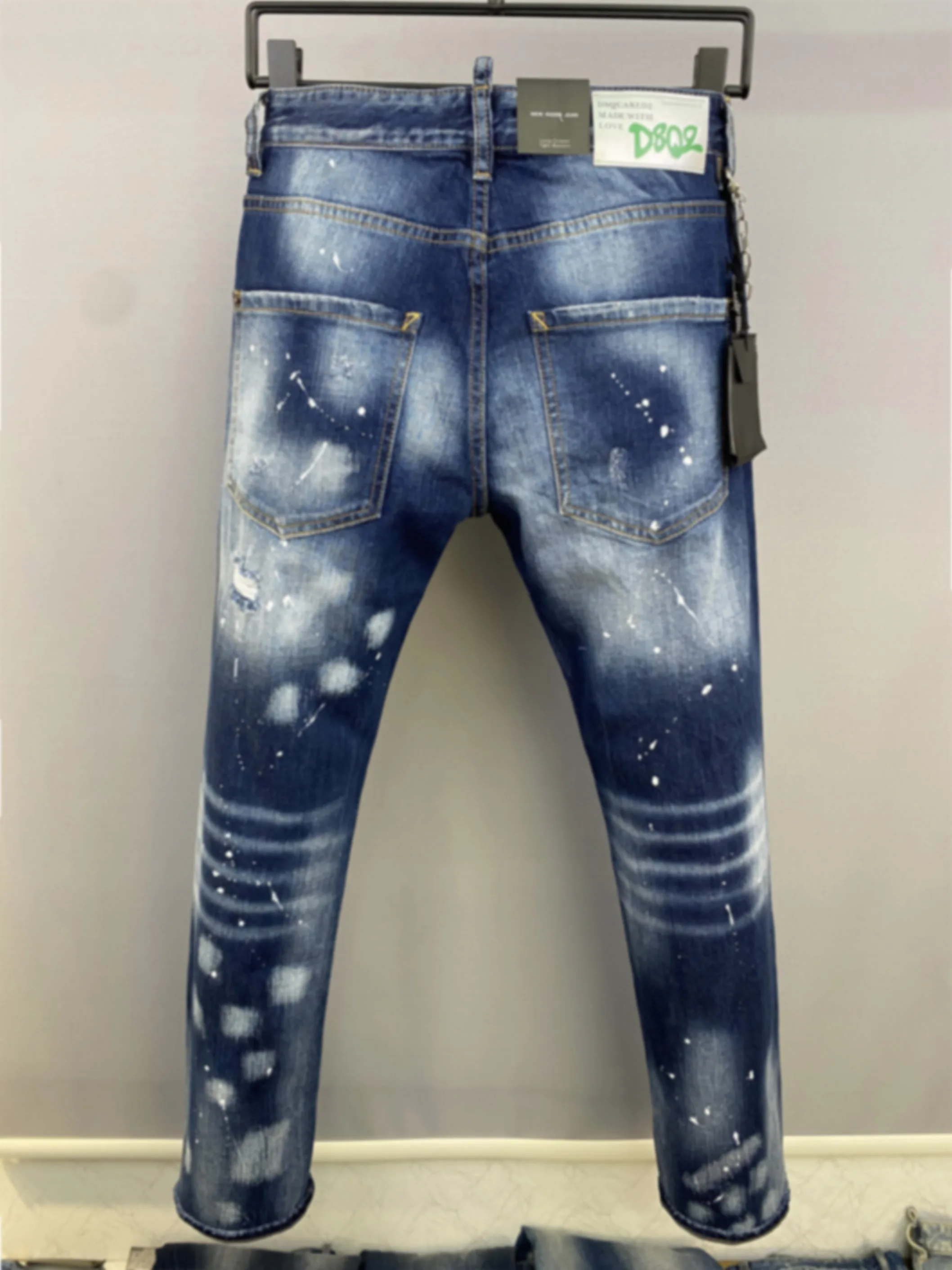 2024 Spring/Summer New D2 Jeans Trendy Men's Washed Worn Hole Patches Painted Slim Fit Small Feet Denim Pants Men's