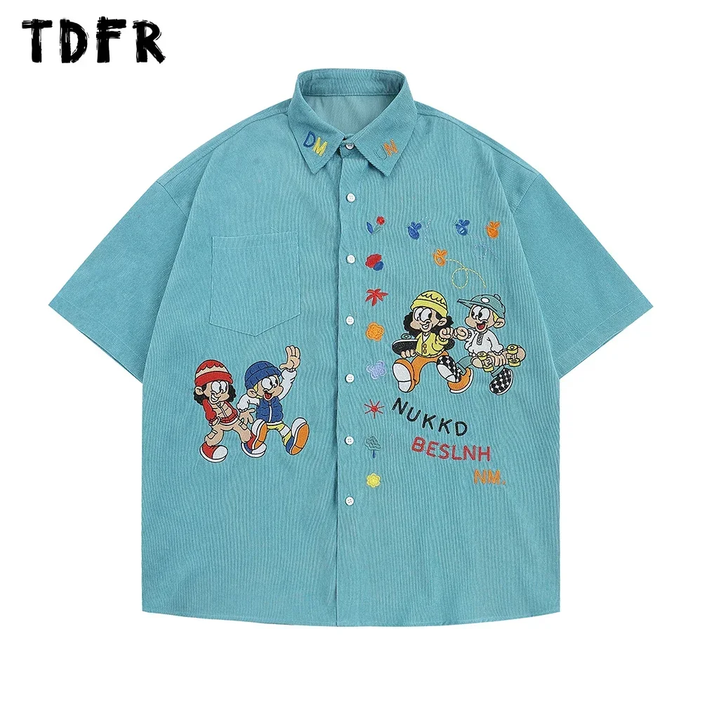 Mens Cartoon Embroidery Cargo Shirts Summer Retro Casual Streetwear Lapel Single Breasted Short Sleeve