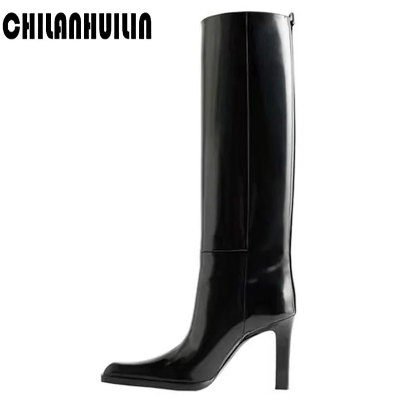 

European American pop patent leather autumn winter boots high heel shoes women knee high boots woman thick heel warm boots black