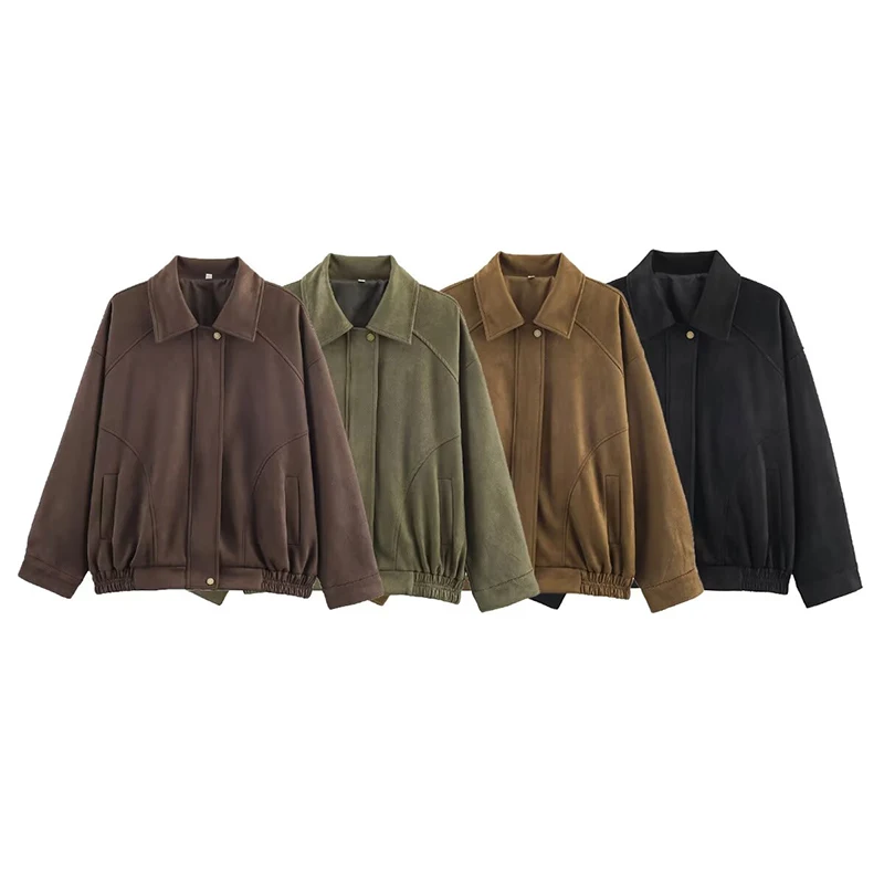 Women Vintage Suede Jacket 2025 New Autumn Fashion Long Sleeve Zipper Bomber Jacket Female High Street Casual Loose Coat