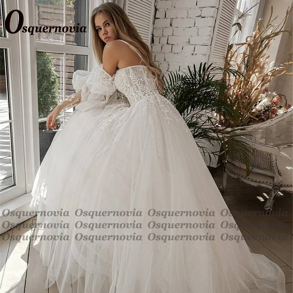 Osquernovia White Wedding Dresses Beads Appliques Vestidos De Novia Luxury Spaghetti Strap Puffy Sleeve A-Line Robe de mariee 2