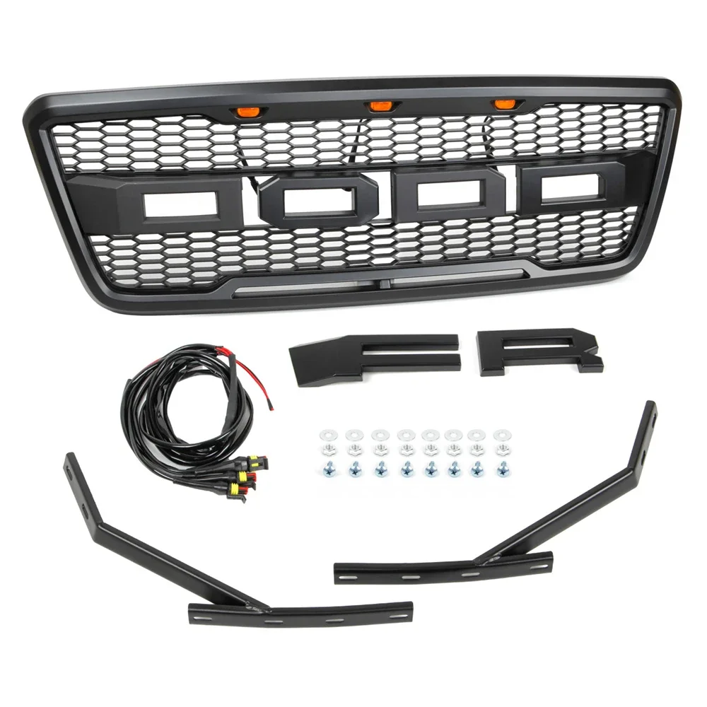 

Black ABS Front Bumper Grille Raptor Style Grill with Amber LED Lights and Letters for Ford F150 2004-2008