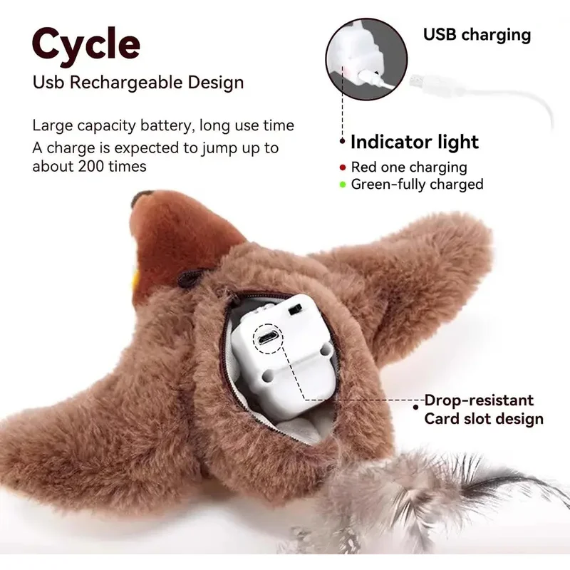 Cute Cat Hunter Interactive Shaking Sparrow Toy Rechargeable Portable Touch Activated Bird Voice Curious Teasing Stick Pet Gifts