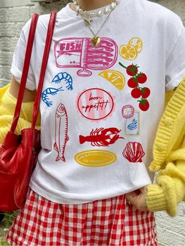 Ladies' Casual Short Sleeved T-shirt Seafood Fruit Pattern Print Tshirt Cotton Loose Women Graphic Tops Vintage Female Clothing 1
