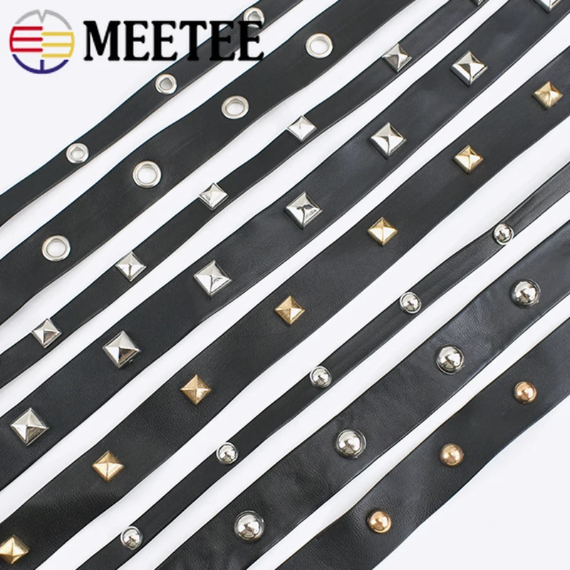 2/5/10Meters Meetee Rivet PU Leather Ribbons Punk Black Band Grommet