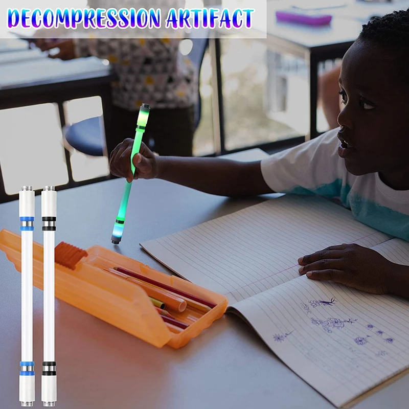 회전 펜 LED 롤링 핑거 회전 펜, 미끄럼 방지 글레이즈 회전 펜, 펜 리필 없음, 2 개