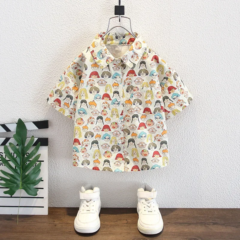 Boys Summer Short Sleeve Shirt Thin Print Fashionable Cartoon Top for Children Hot Sale Of The Season Male Kid's Clo