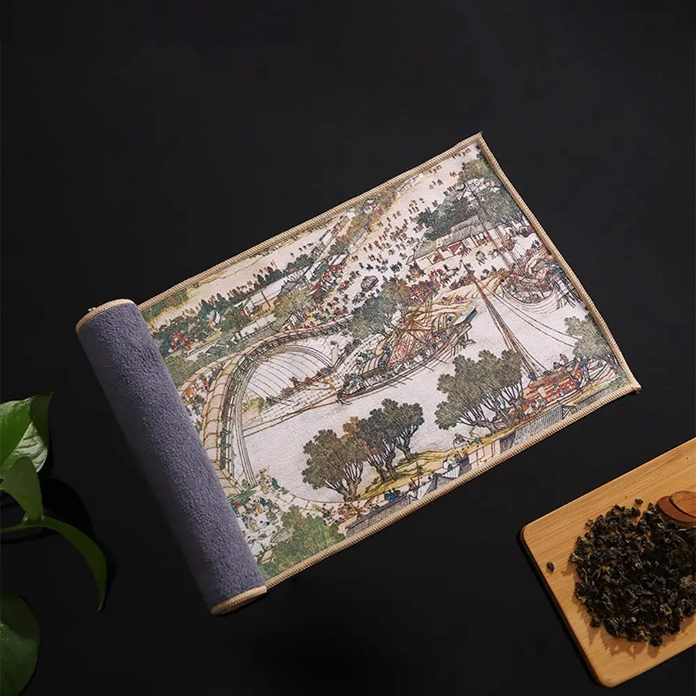 Chinese Painting Ancient Style Tea Ceremony Towel Guochao Zen Tea Mat Thickened Water-Absorbent Painted Cloth Towel