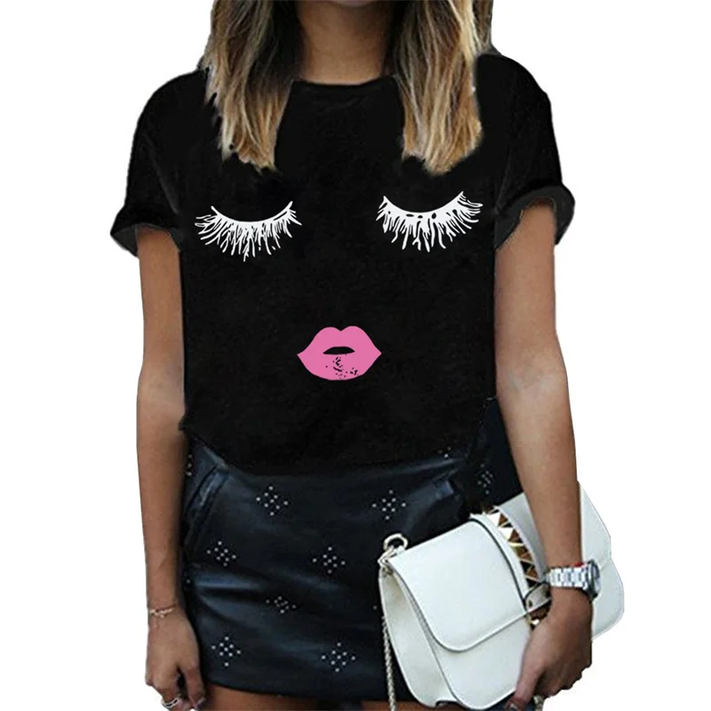 Camiseta con estampado de fideos de dinosaurio y gato para mujer, camisetas de verano de manga corta con estampado 3D de labios y pestañas, camisetas de cuello redondo