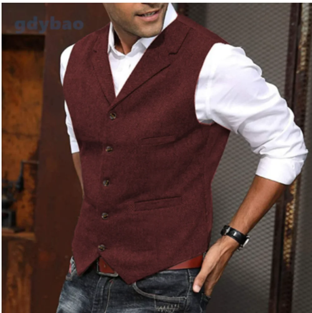 Men's Casual Classic Suit Vest V Neck Herringbone Tweed Slim Fit Business Waistcoat For Wedding 5