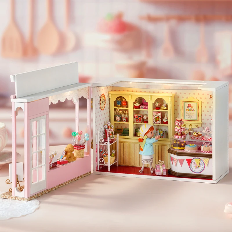 DIY Wooden Miniature Model Kit The Sweet House Cake Store Casa Bookend Assembled Dollhouses Home Decoration Friends Gifts