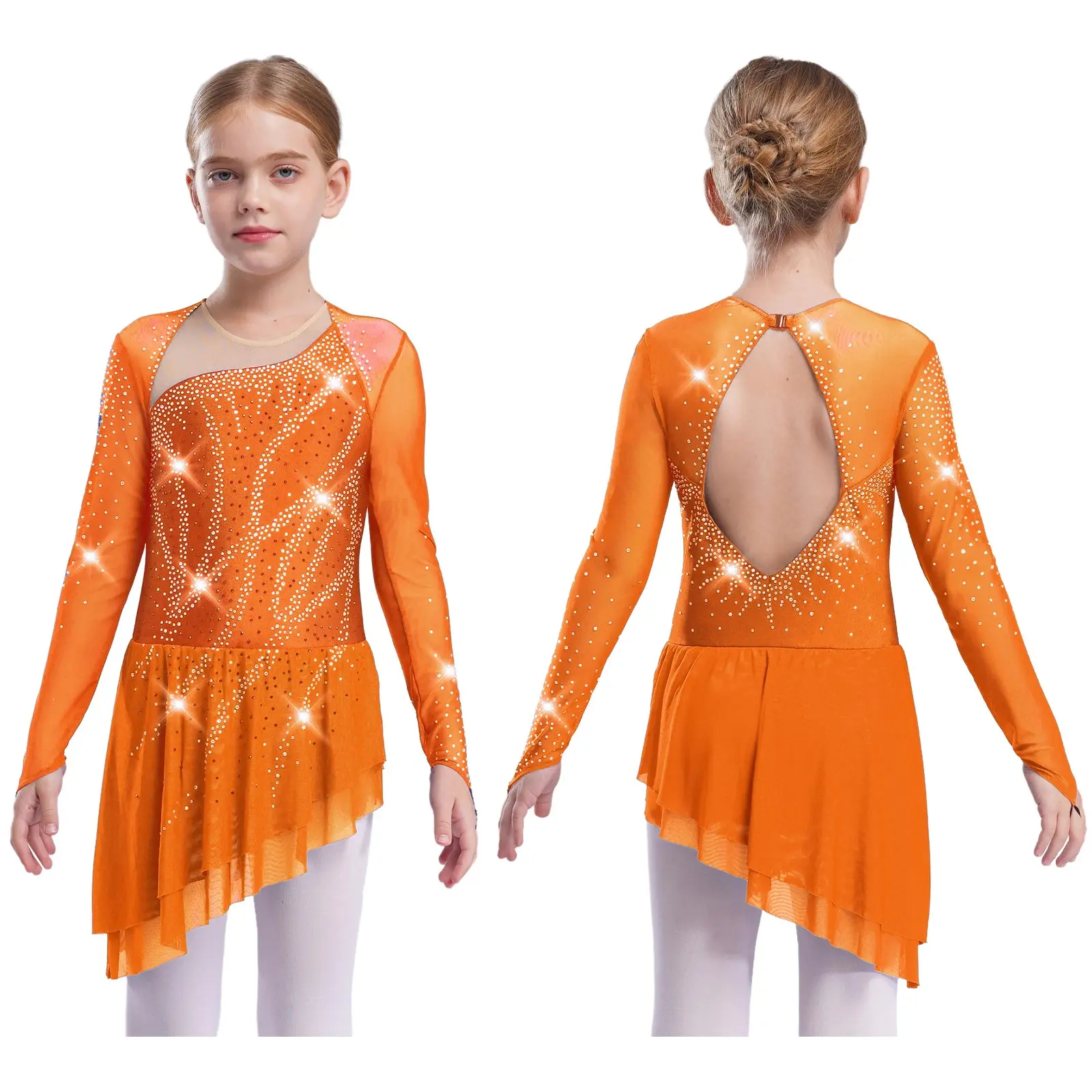 Kinder Mädchen Eiskunstlauf Rhythmische Gymnastik Trikot Kleid Asymmetrische Split Glänzende Strass Kontrast Farbe Kleid Ballerina – Detail 15