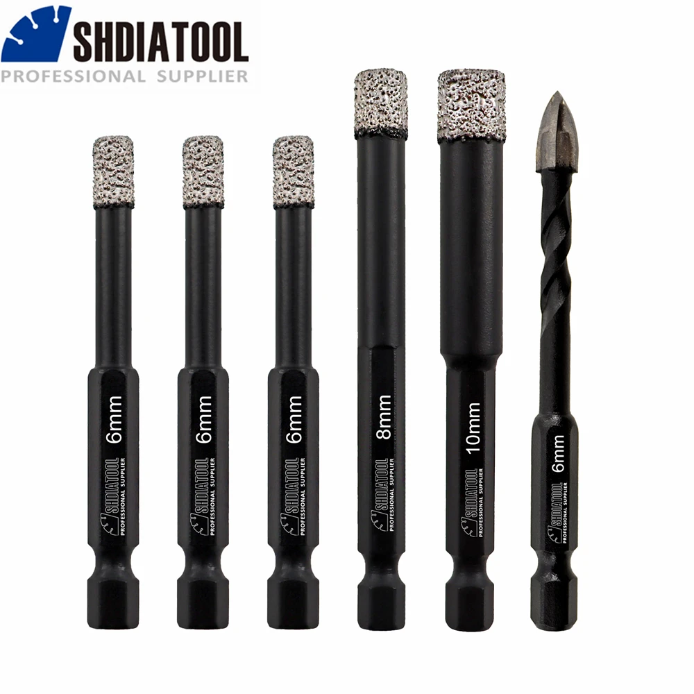 Shdiatool 6 Pz 6/6/6/8/10Mm Vaccum Brasato Punta Di Perforazione Diamantata Pietra Gres Porcellanato Muratura Ad Attacco Rapido Shank Core Cutter Sega