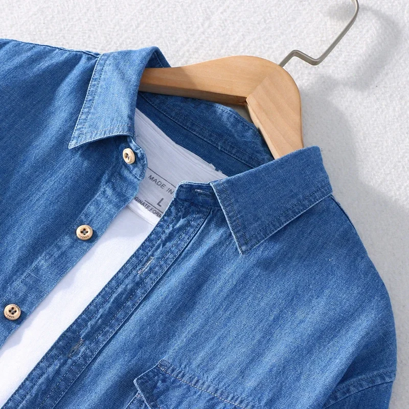 Denim Shirt Men Cotton Long Sleeved Two Front Pockets Turn-down Collar Casual Autumn