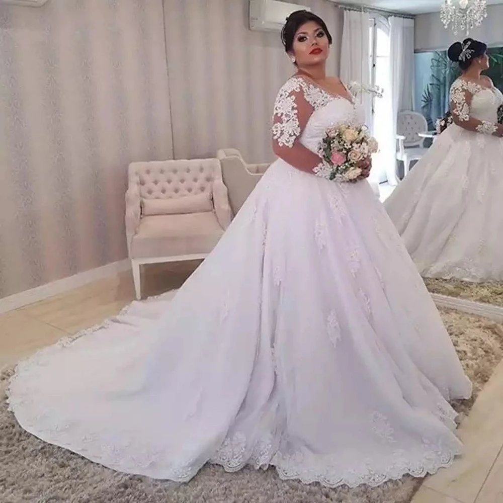 

POMUSE V-Neck Wedding Dresses Ball Gowns Appliques Tulle White Wedding Bride Gown Custom Made Vestido De Novia for Women