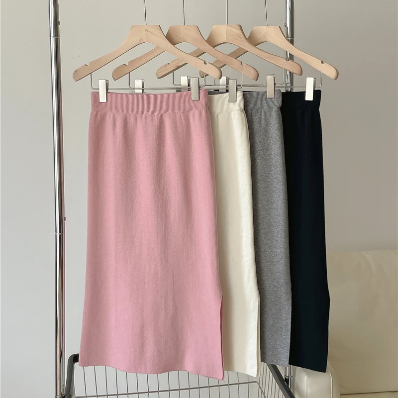

Knitting Skirt Split High Waist Elegant Korean Dress Fashion Autumn Winter Women Straight Package Hip Skirts