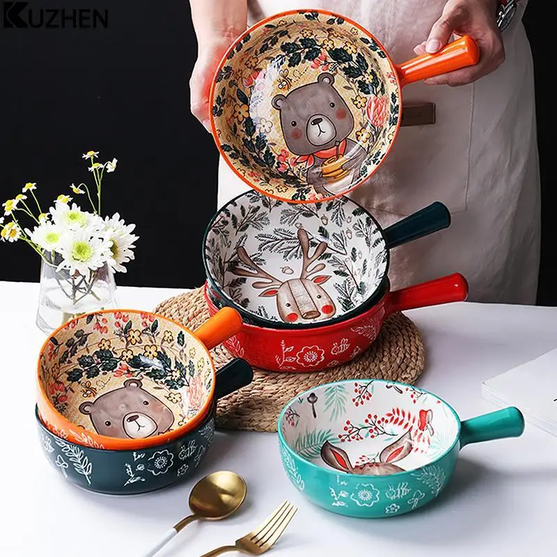 싱글 핸들 세라믹 그릇, 국수 그릇, 숲 동물 디자인, 대형 그릇, 창의적인 레스토랑 가정용 꽃 그릇, 홈 데코