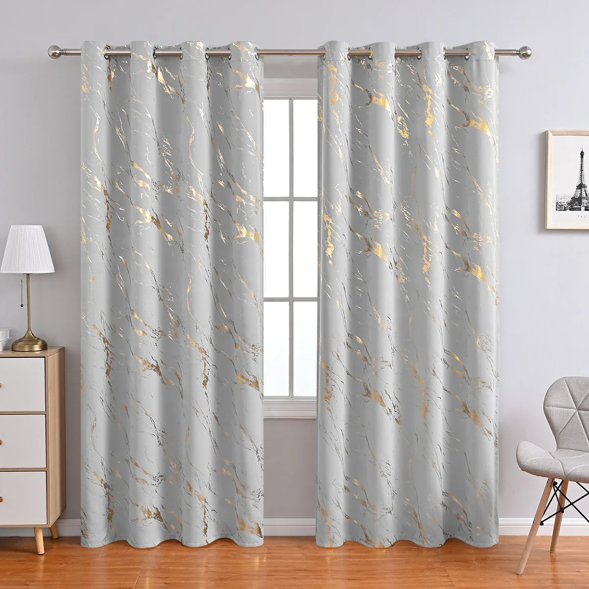 Luxury Marble Pattern Curtain 1 Panel with Gold Foil Design for Living Room