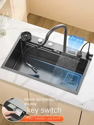 Digital Waterfall Kitchen Sink Large Single Sink Household 304 Stainless Steel Island Table Washbasin Bowl Sink Underco