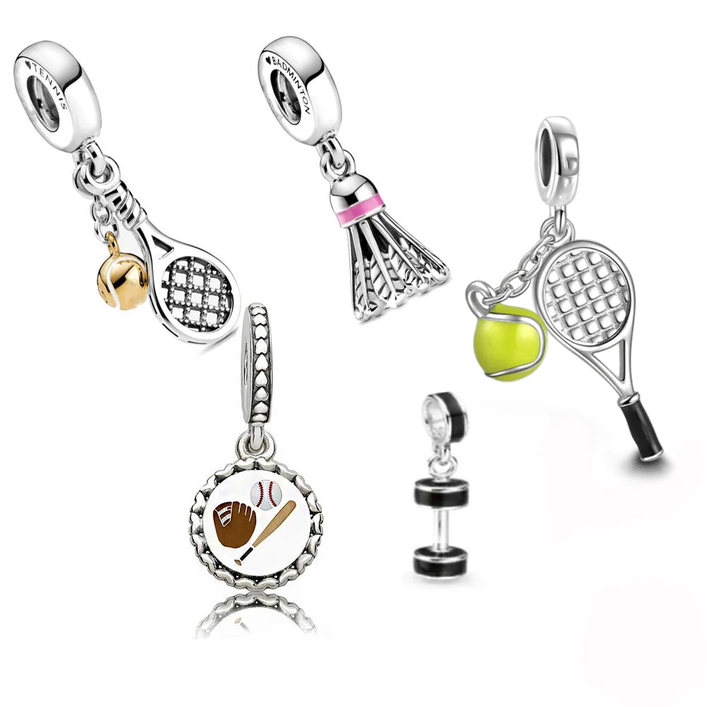 

Hot Sale 925 Sterling Silver Badminton Baseball Dumbbel Sports Charms Beads Dangle Fit Original Pandora Bangle DIY Jewelry Gift