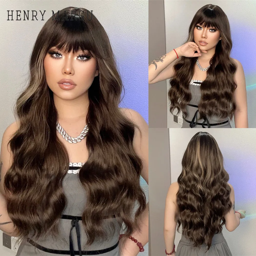 

HENRY MARGU Dark Brown Hair Wig with Bangs Long Natural Curly Wave Wig Synthetic Wig with Highlights for Women High Temperature