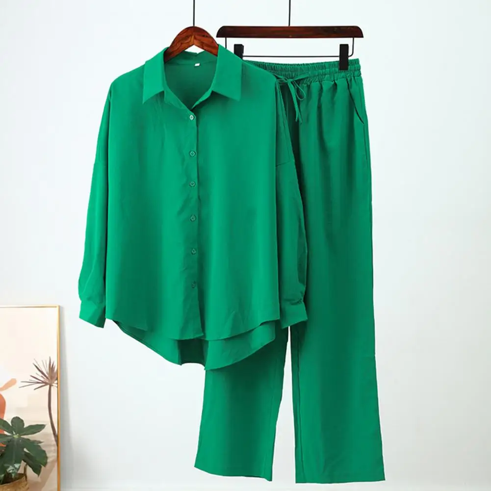 

2 Pcs/Set Women Blouse Pants Set Loose Turn-down Collar Full Length Outfit Set Deep Crotch Fall Shirt Pants Suit Female Clothes