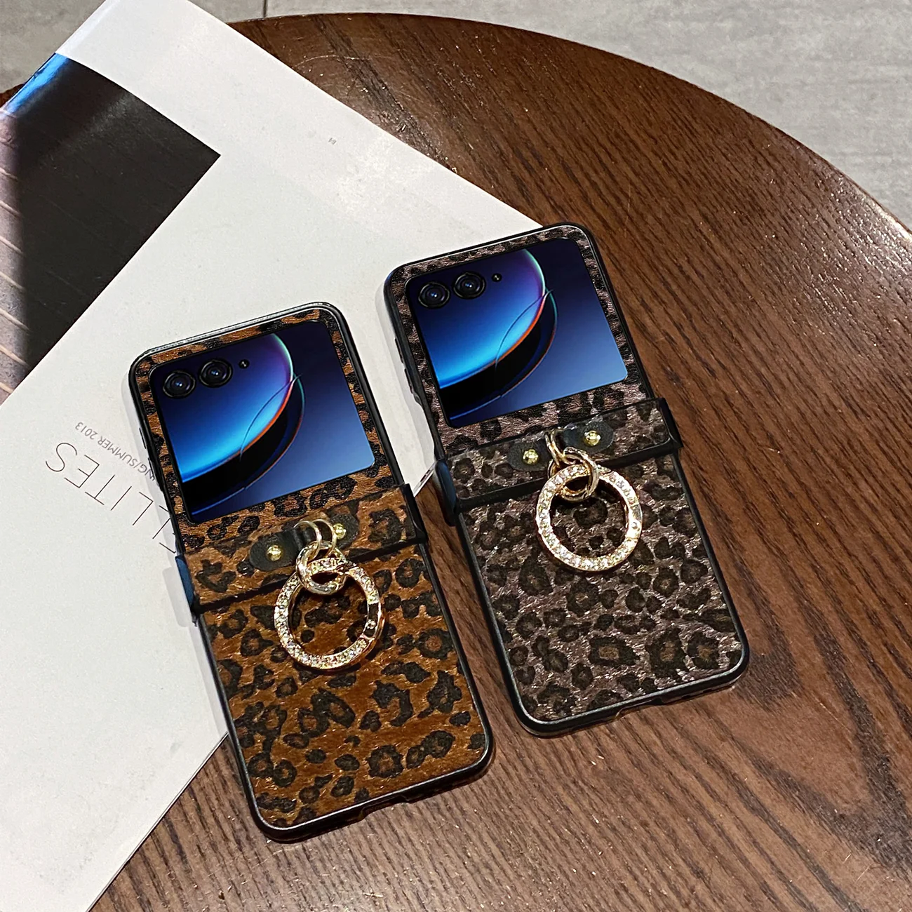 Chic Leopard Leather Plush Cover with Diamond-Plated Ring Buckle