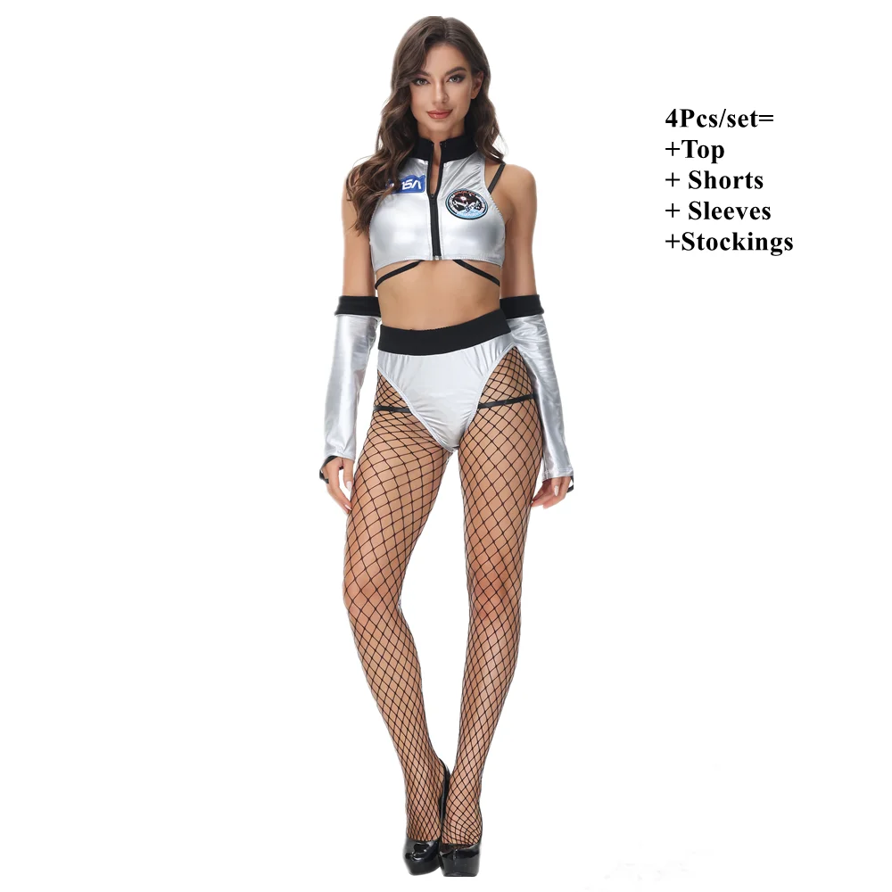

Sexy Silver Space Pilot Spaceman Halloween Costume To the Moon Astronaut Costume for Women