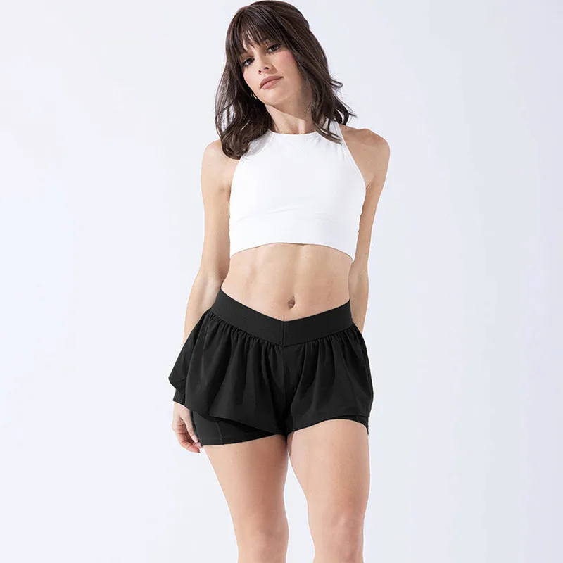 European ruffles anti-slip safety shorts solid color buttock lifting bodybuilding pants comfortable nude pocket sports yoga pant