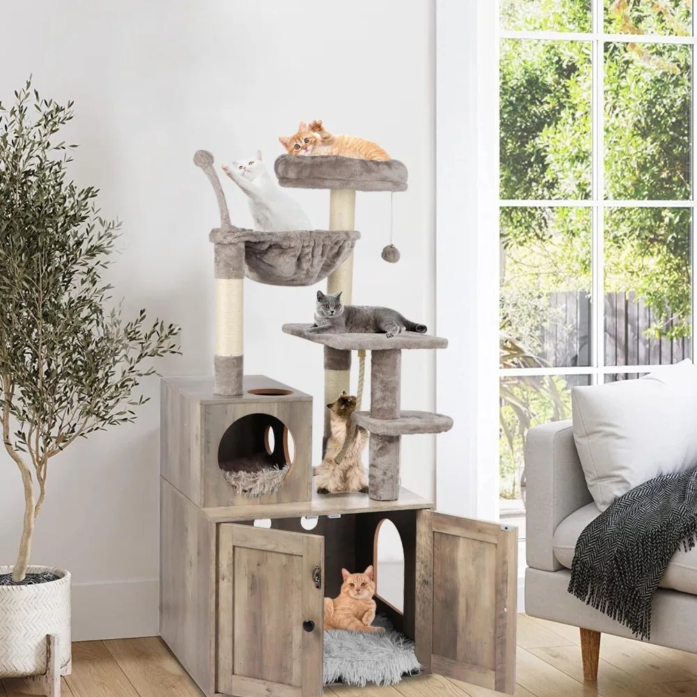 

Cat Tree with Litter Box Enclosure, 2-in-1 Cat Tower for Indoor , Large Cat Furniture, Wood Condo with Basket,Scratching