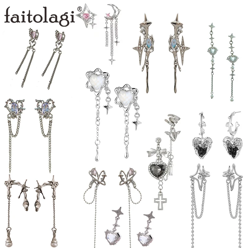 Y2K Pink Heart Star Tassel Earrings Kpop Stone Love Crystal