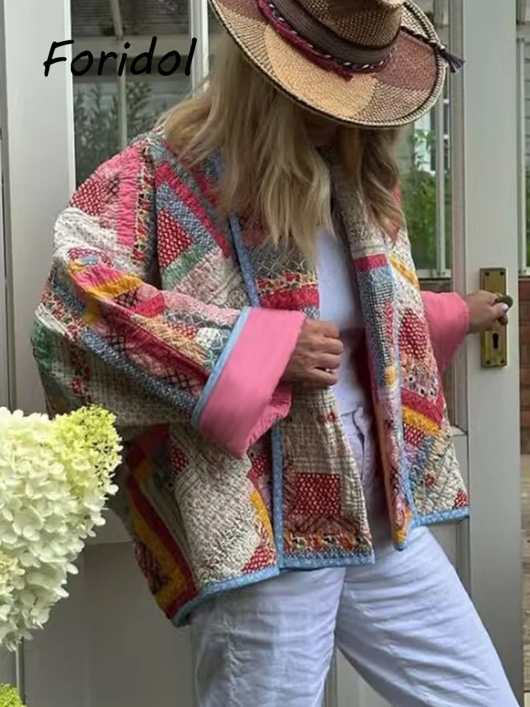 

Fashion Vintage Pink Printed Quilted Coats Women Casual Padded Cardigan Coat Jackets Female Autumn Streetstyle Outfit 2023
