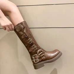 Women's Brown Pure Leather Over - the - Knee Punk Knight Style Retro Motorcycle Boots - 38 (Brown)