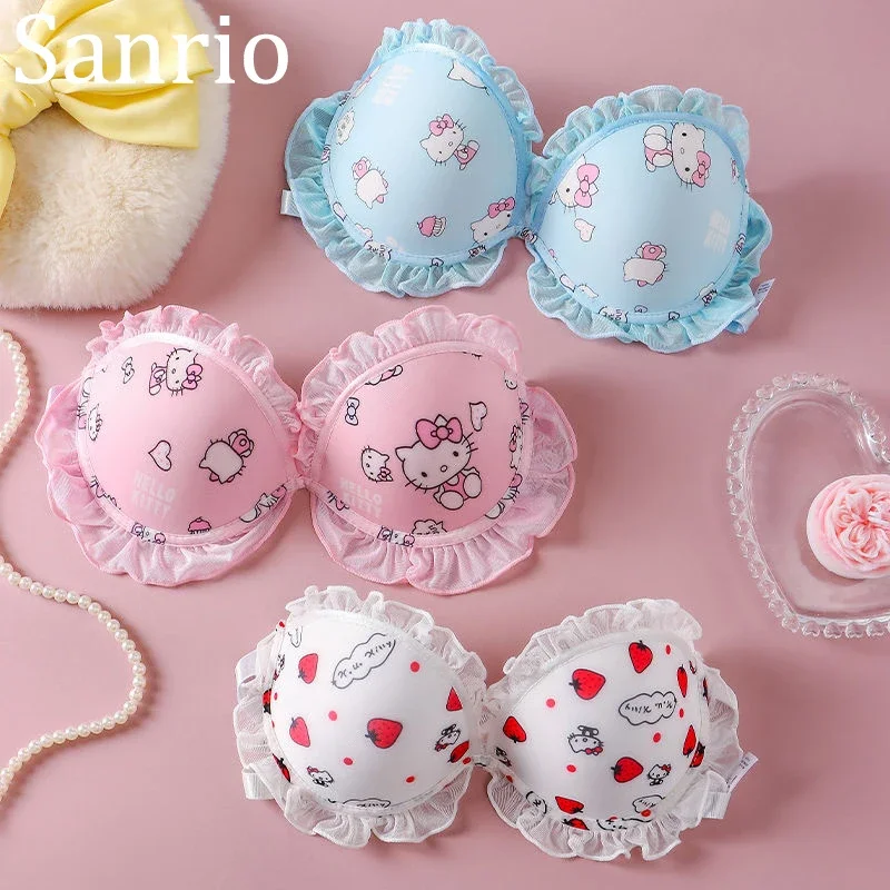 

Sanrio Hello Kittyed Cute Strapless Gathered Bra Set Cute Sweet Beach Bikini Comfortable Girls Without Steel Ring Underwear