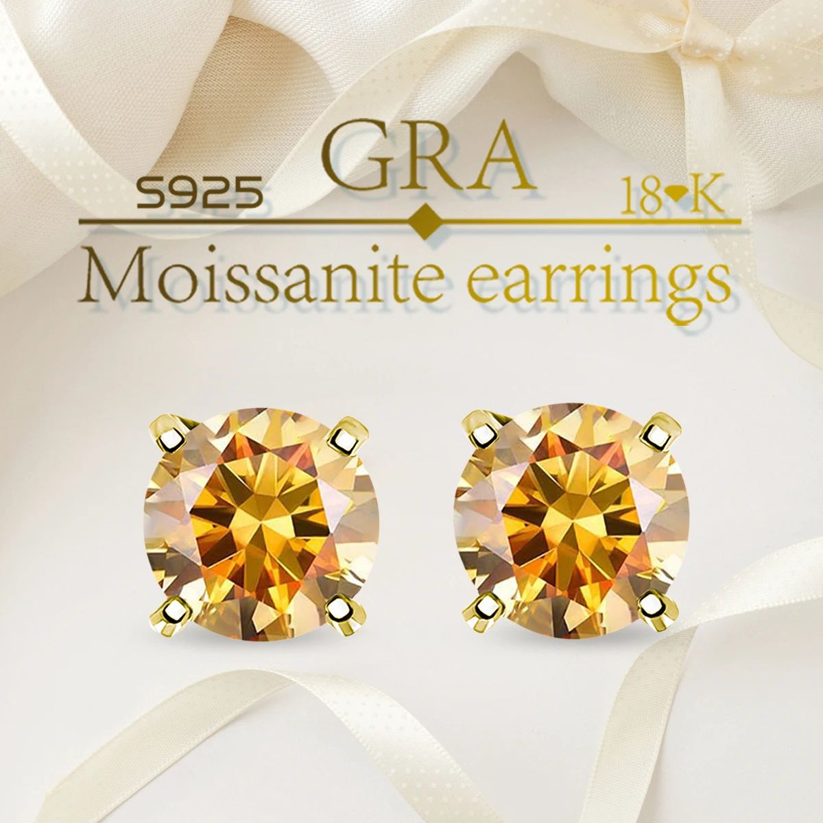 

S925 four-prong stud earrings set with champagne GRA Moissanite Gems Silver Platinum and golden stylish women's colored earrings