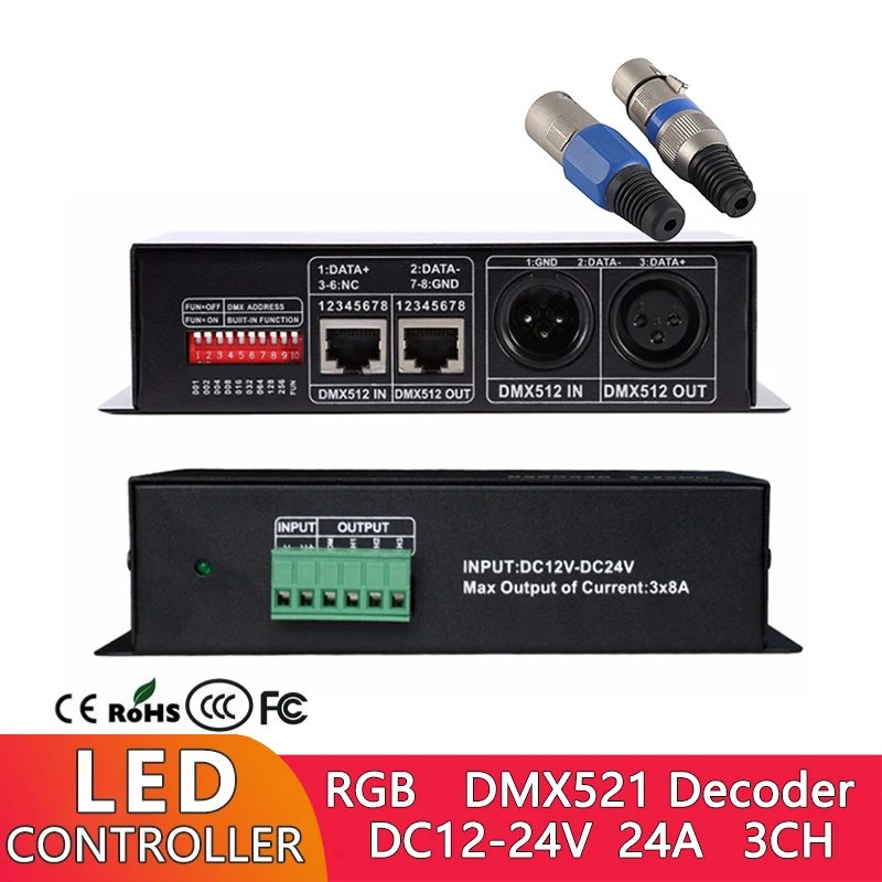 DMX Decoder LED RGB 3 Channel DMX512 Engineering Controller DC12V 24V with XLR Plug for Constant Voltage Color Light Strip |