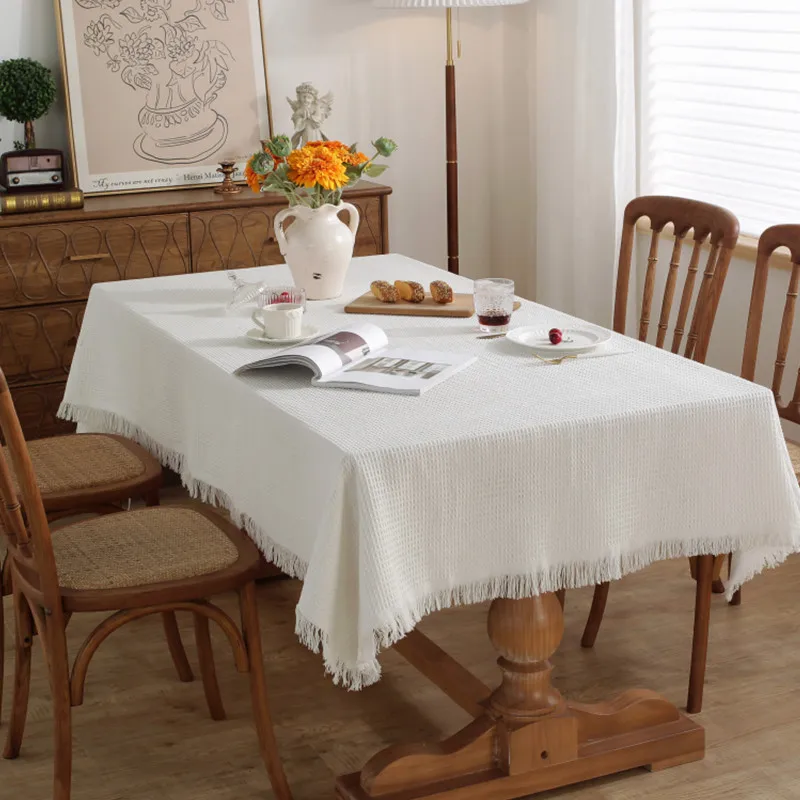 Cotton Linen Bohemian Style Solid with Tassle Table Cloth with Tassel