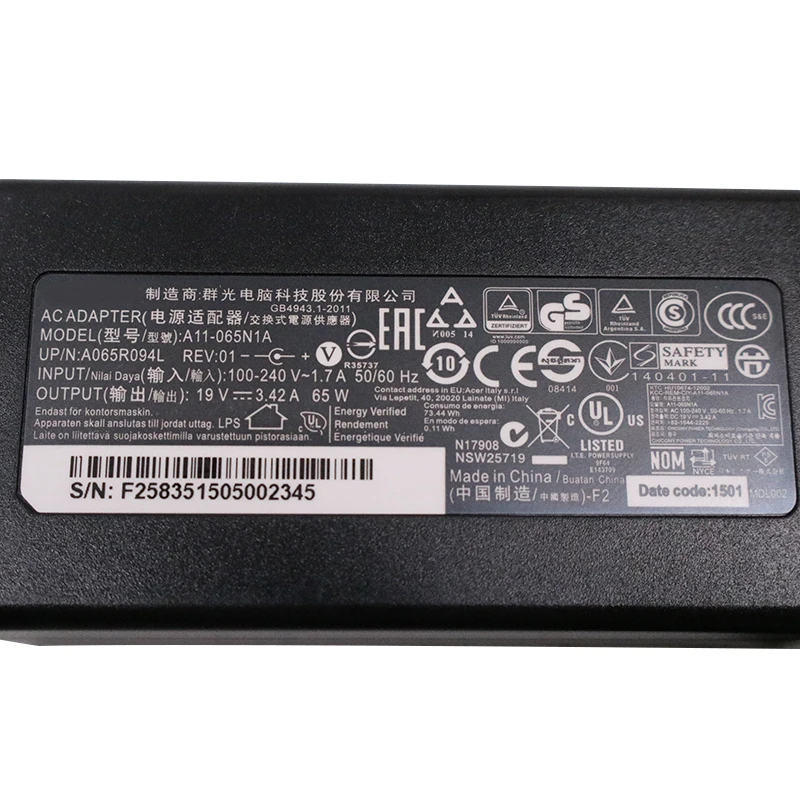 19V 3.42A 65W 3.0x1.0mm PA-1650-86 AC Adapter For ACER Swift3 SF314 A11-065N1A ADP-65VH F Laptop Power Supply Charger