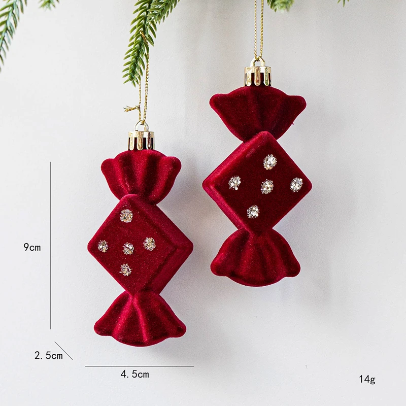 2pcs Velvet Christmas Candy Cane Bell Icicle Ornaments Burgundy Red Xmas Tree Hanging Pendants Christmas Party Home Decoration
