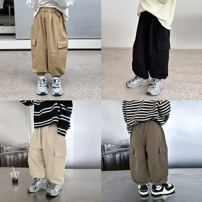 

Autumn pants children's baggy large pocket ankle pants baby plankton handsome solid color cargo pants trend
