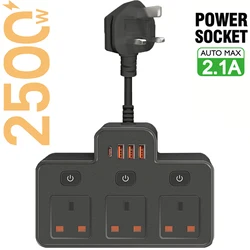 UK Plug Wall Mounted Power Strip with USB - C Ports and Charging Network Filter - UK Black