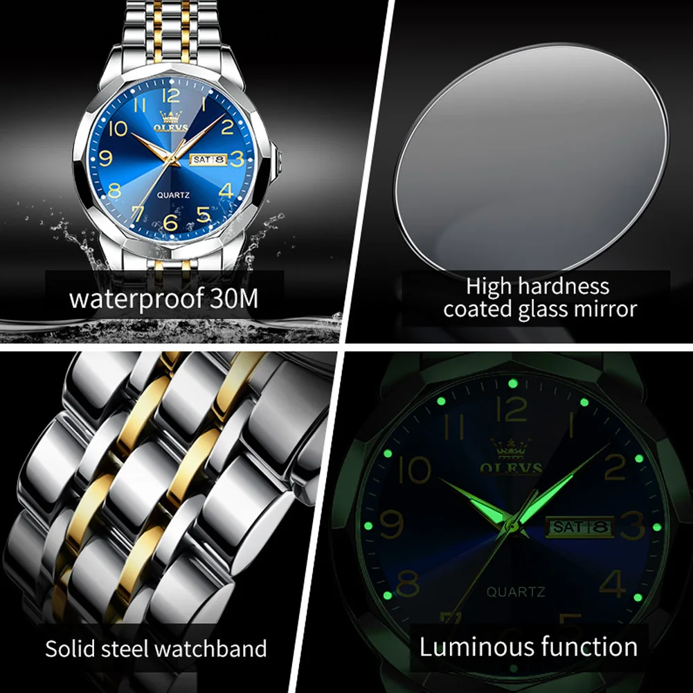 OLEVS Business Mens Watches Top Brand Luxury Quartz Watch Stainless Steel Waterproof Sports Week Date Clock Relogio Masculino