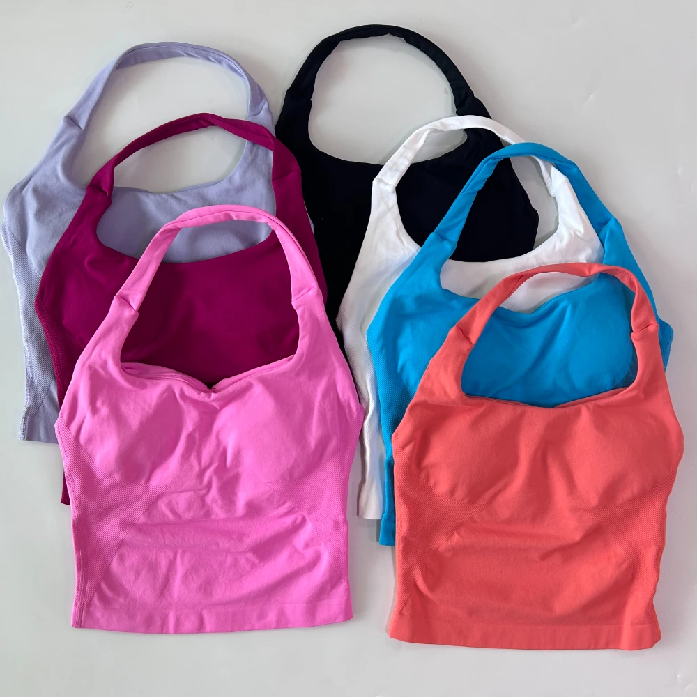 39544-dd47c4.jpg No Logo Seamless Halter Top Backless Longline Strappy Padded Gym Top Women Built-in Bra Removable Cups Activewear Yoga Tank Tops - Image 1