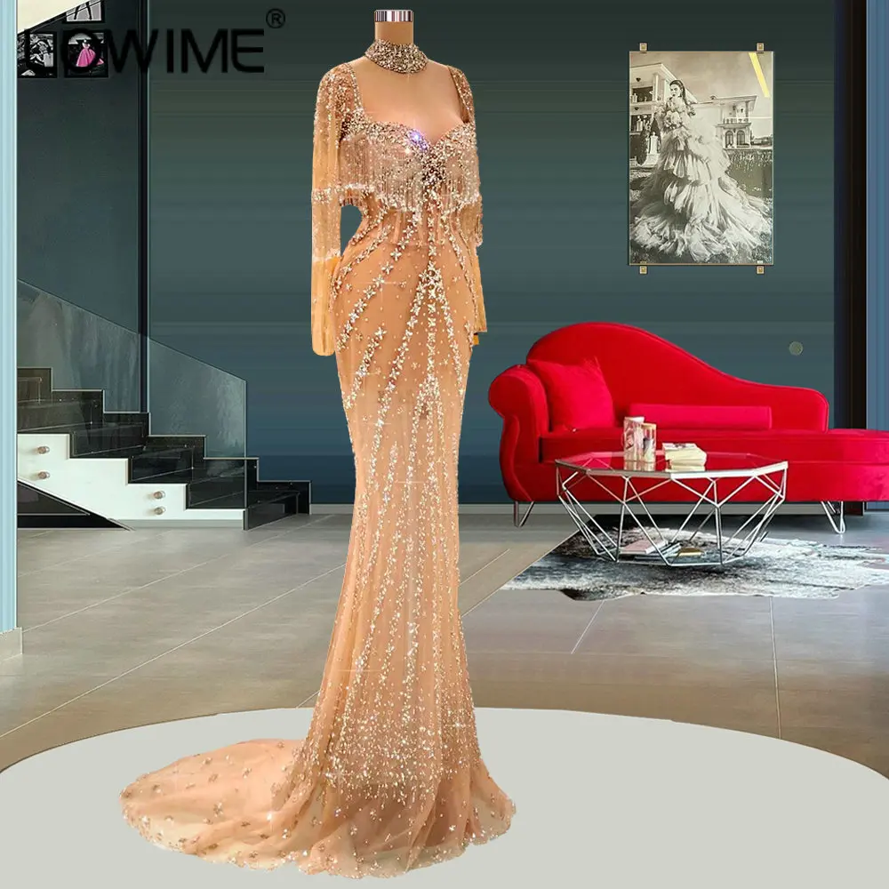 

Luxury Tassel Beaded Sliver Nude Mermaid Elegant Arabic Full Sleeve Evening Dresses Muslim High Neck Grils Party Gowns 2022