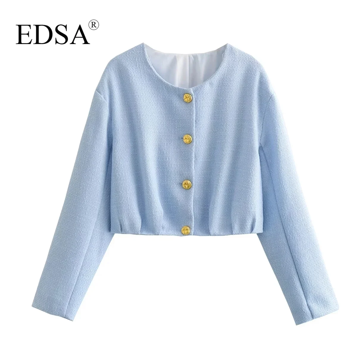 

Женский твидовый укороченный жакет EDSA, однобортный пиджак с круглым вырезом и длинным рукавом, верхняя одежда синего цвета