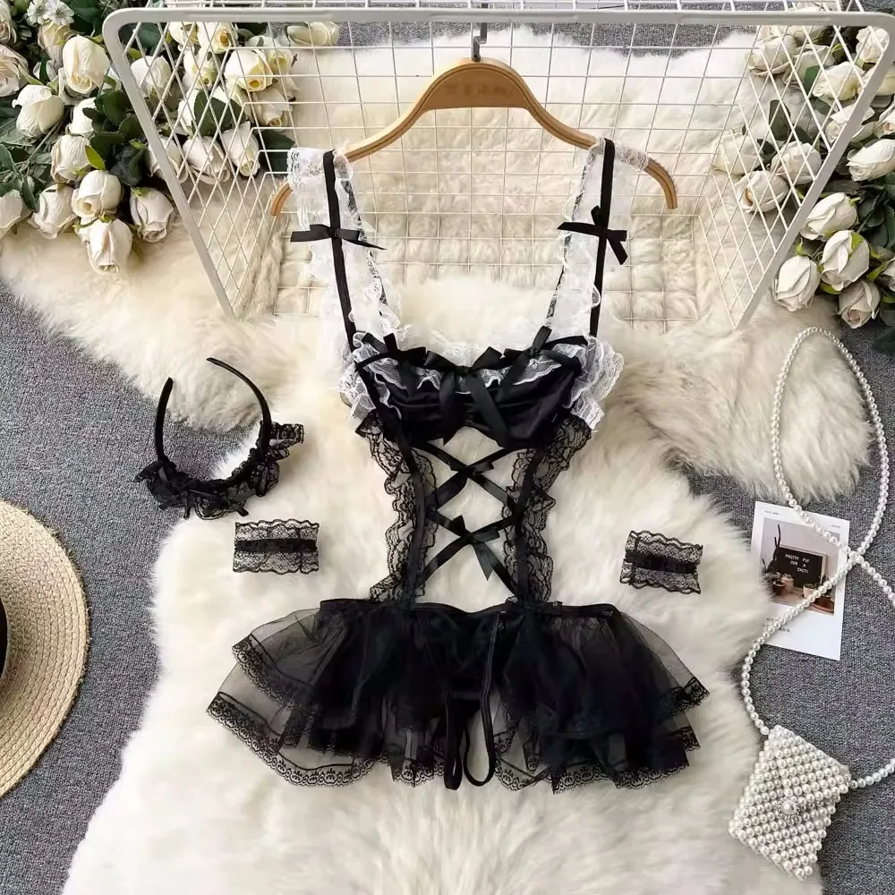 Female Sleevless Halter Playsuits Lace Sheer Open Crotch Lingerie Rompers Women Erotic Hollow Out Sexy Bodysuits Bow Jumpsuit