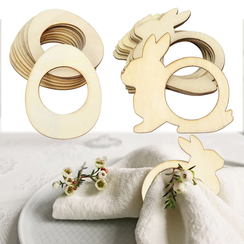 

10PCS Easter Rabbit Napkin Rings Hen Bunny Eggs Wooden Napkin Holder Towel Buckles For Spring Easter Day Home Party Table Decor