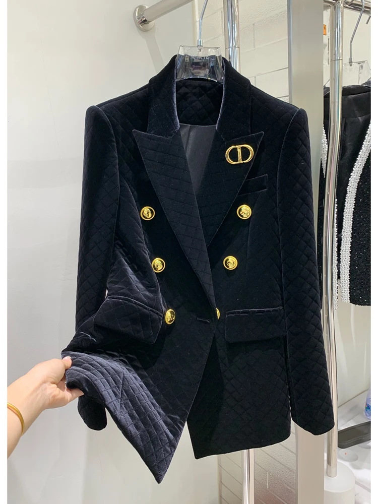 

2022 Designer Jacket HIGH STREET Newest Women's Double Breasted Grid Sewing Velvet Blazer
