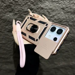 Car Magnetic Ring Stand Case with Lanyard and Slide Camera Protection - Shockproof Armor Cover for Redmi 14C (Rose Gold)