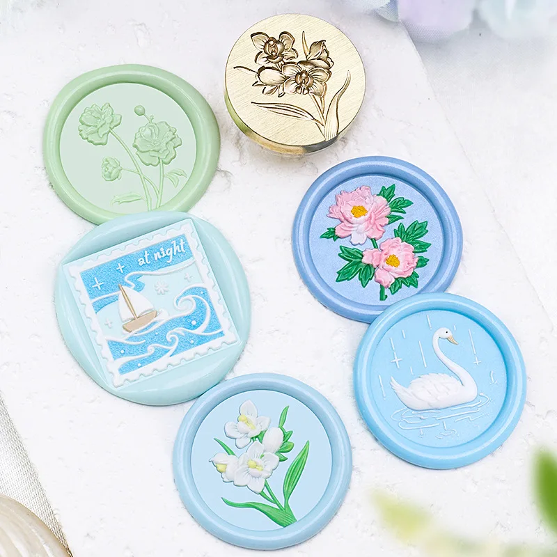 3Dエンボスフラワーシーリングワックススタンプ、つや消し牡丹蘭白鳥